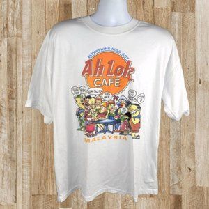 Vintage Ah Lok Cafe Malaysia Parody T Shirt XL White Cartoon Graphic